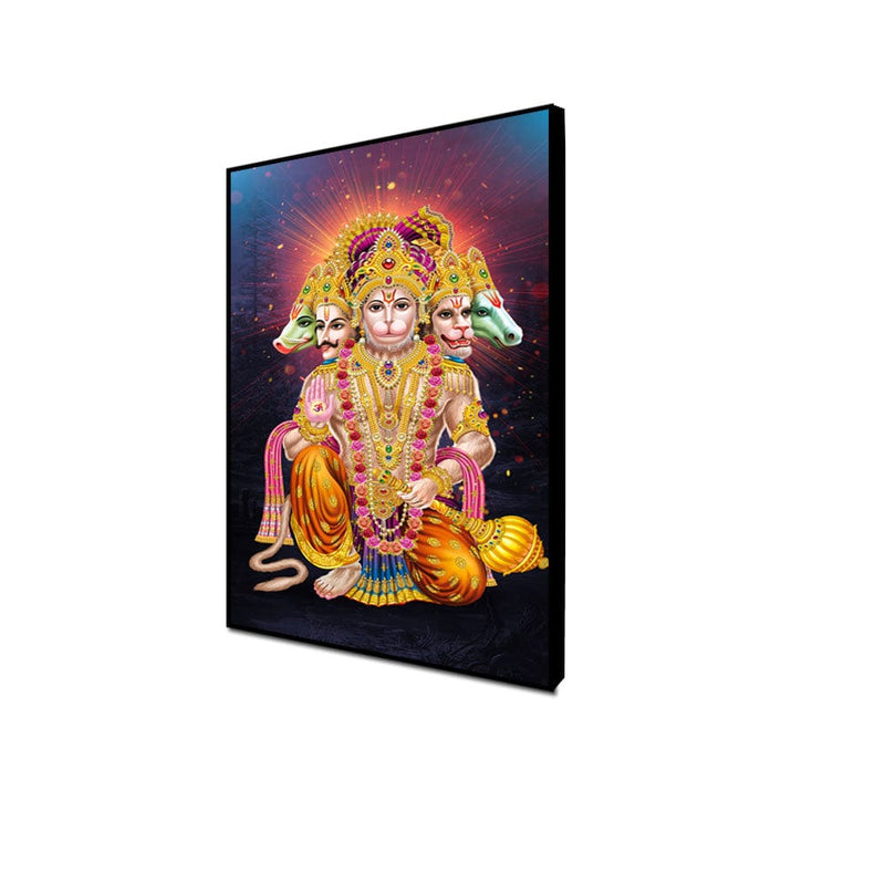 DecorGlance Rectangle painting CANVAS PRINT BLACK FLOATING FRAME / (24x48) Inch / (60x121) Cm Panchmukhi Lord Hanuman Floating Frame Canvas Wall Painting