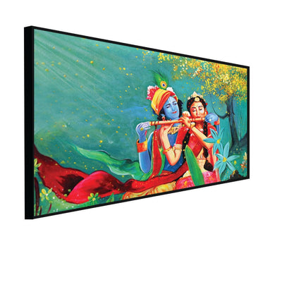 DecorGlance Rectangle painting CANVAS PRINT BLACK FLOATING FRAME / (24 X 48) Inch / (60 X 121) Cm Radha Krishna Canvas Floating Wall Painting