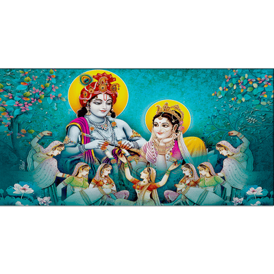 DecorGlance Rectangle painting Radha Krishna Enjoying Gopis Dance Canvas Wall Painting