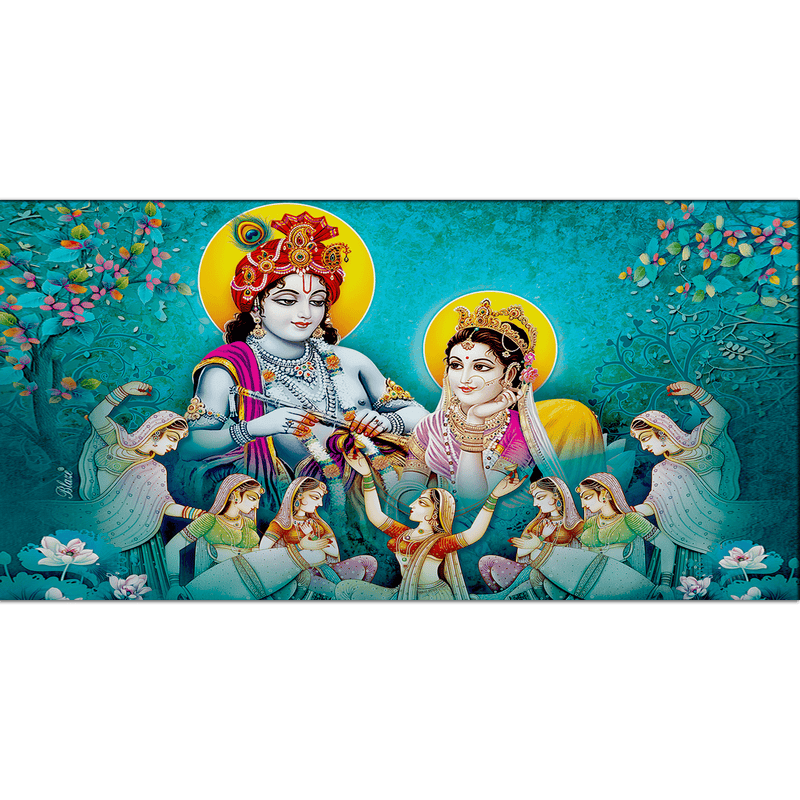DecorGlance Rectangle painting Radha Krishna Enjoying Gopis Dance Canvas Wall Painting