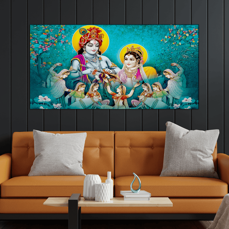 DecorGlance Rectangle painting Radha Krishna Enjoying Gopis Dance Canvas Wall Painting
