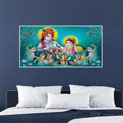 DecorGlance Rectangle painting Radha Krishna Enjoying Gopis Dance Floating Frame Canvas Wall Painting