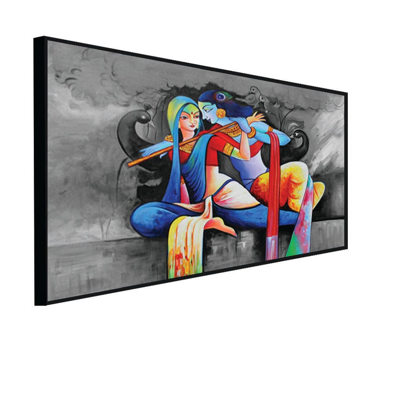 DecorGlance Rectangle painting CANVAS PRINT BLACK FLOATING FRAME / (48x24) Inch / (121x60) Cm Radha Krishna Love Scene Canvas Floating Frame Wall Painting