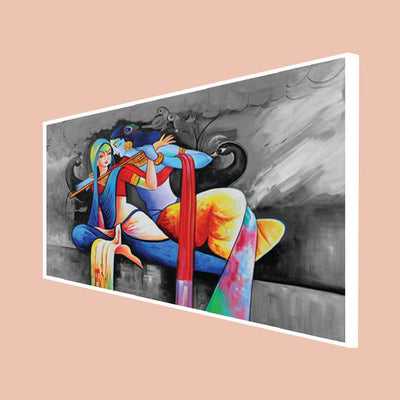 DecorGlance Rectangle painting CANVAS PRINT WHITE FLOATING FRAME / (48x24) Inch / (121x60) Cm Radha Krishna Love Scene Canvas Floating Frame Wall Painting
