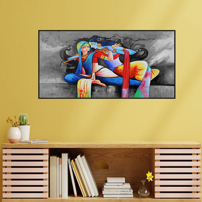 DecorGlance Rectangle painting Radha Krishna Love Scene Canvas Floating Frame Wall Painting