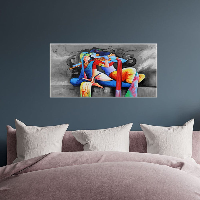 DecorGlance Rectangle painting Radha Krishna Love Scene Canvas Floating Frame Wall Painting