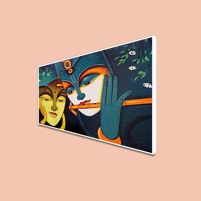 DecorGlance Rectangle painting CANVAS PRINT WHITE FLOATING FRAME / (48x24) Inch / (121x60) Cm Radha Krishna Modern Art Canvas Floating Frame Wall Painting