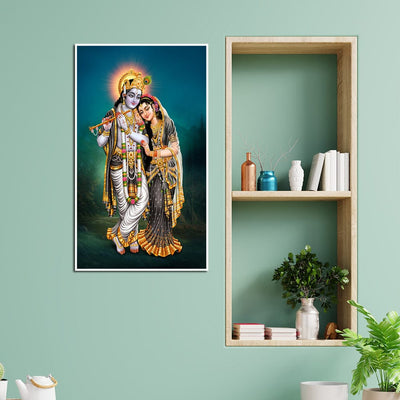 DecorGlance Rectangle painting Radha Krishna Panoramic View Floating Frame Canvas Wall Painting