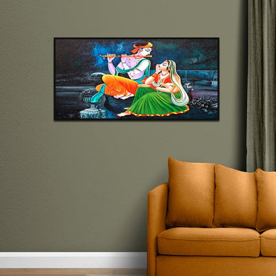 DecorGlance Rectangle painting Radha Krishna Playing Flute Canvas Floating Frame Wall Painting