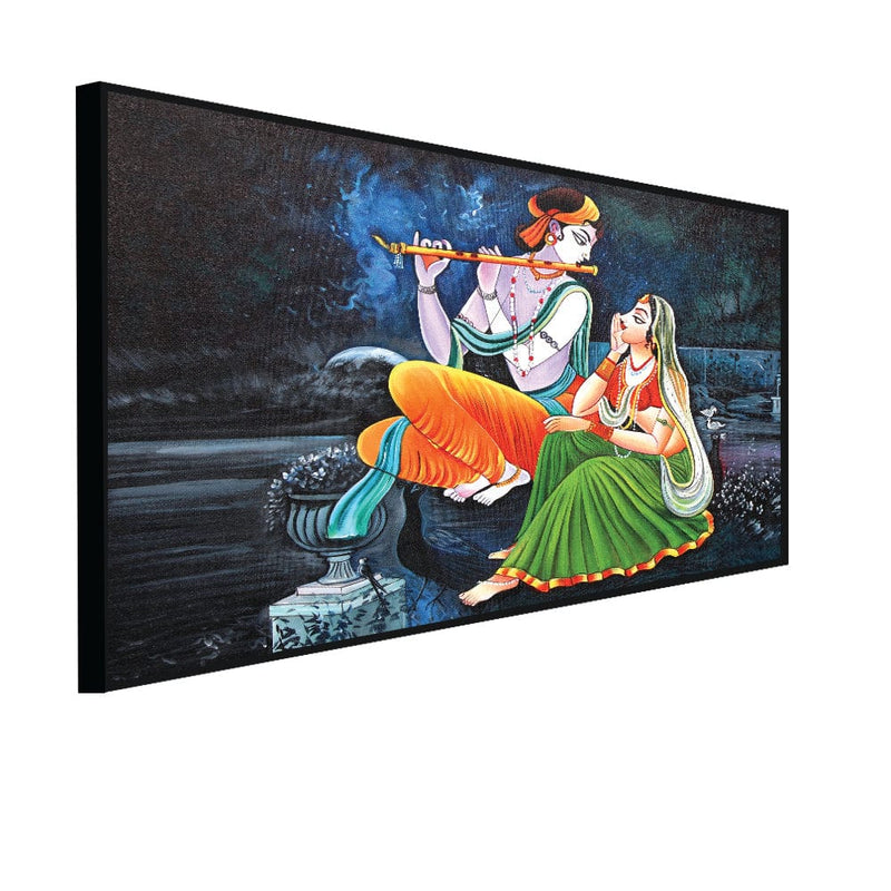 DecorGlance Rectangle painting CANVAS PRINT BLACK FLOATING FRAME / (48x24) Inch / (121x60) Cm Radha Krishna Playing Flute Canvas Floating Frame Wall Painting