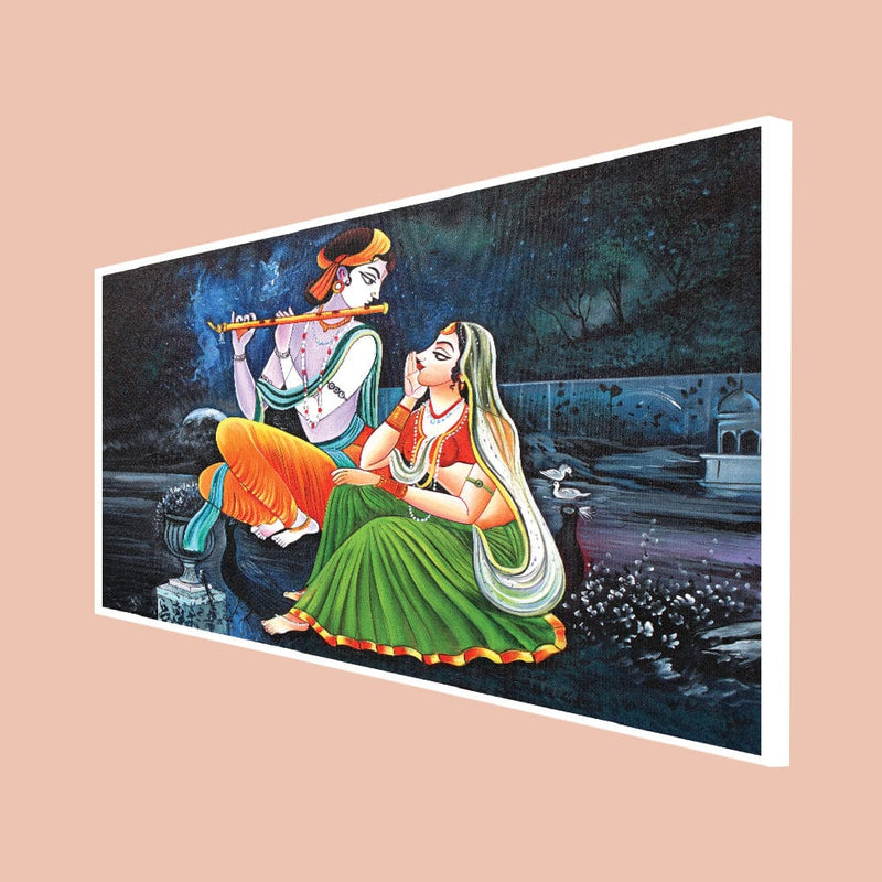 DecorGlance Rectangle painting CANVAS PRINT WHITE FLOATING FRAME / (48x24) Inch / (121x60) Cm Radha Krishna Playing Flute Canvas Floating Frame Wall Painting