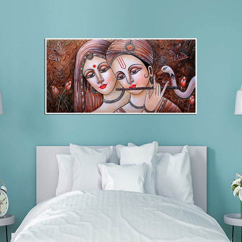 DecorGlance Rectangle painting Radha Krishna Playing Flute Canvas Floating Frame Wall Painting