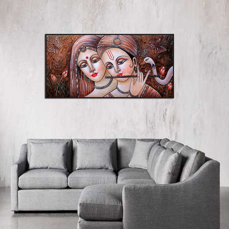 DecorGlance Rectangle painting Radha Krishna Playing Flute Canvas Floating Frame Wall Painting