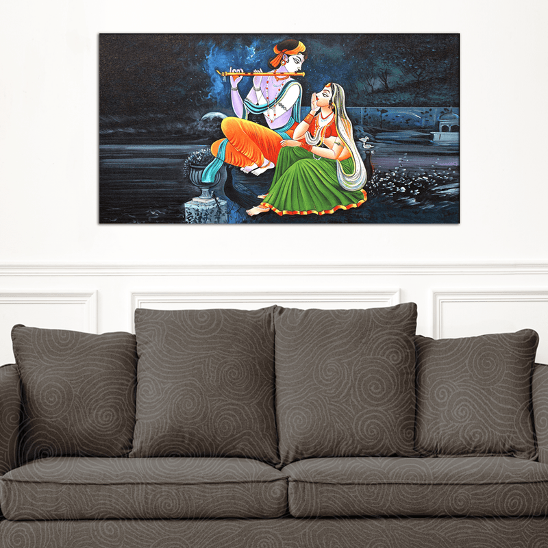 DecorGlance Rectangle painting Radha Krishna Playing Flute Canvas Wall Painting