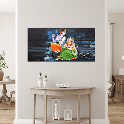 DecorGlance Rectangle painting Radha Krishna Playing Flute Canvas Wall Painting
