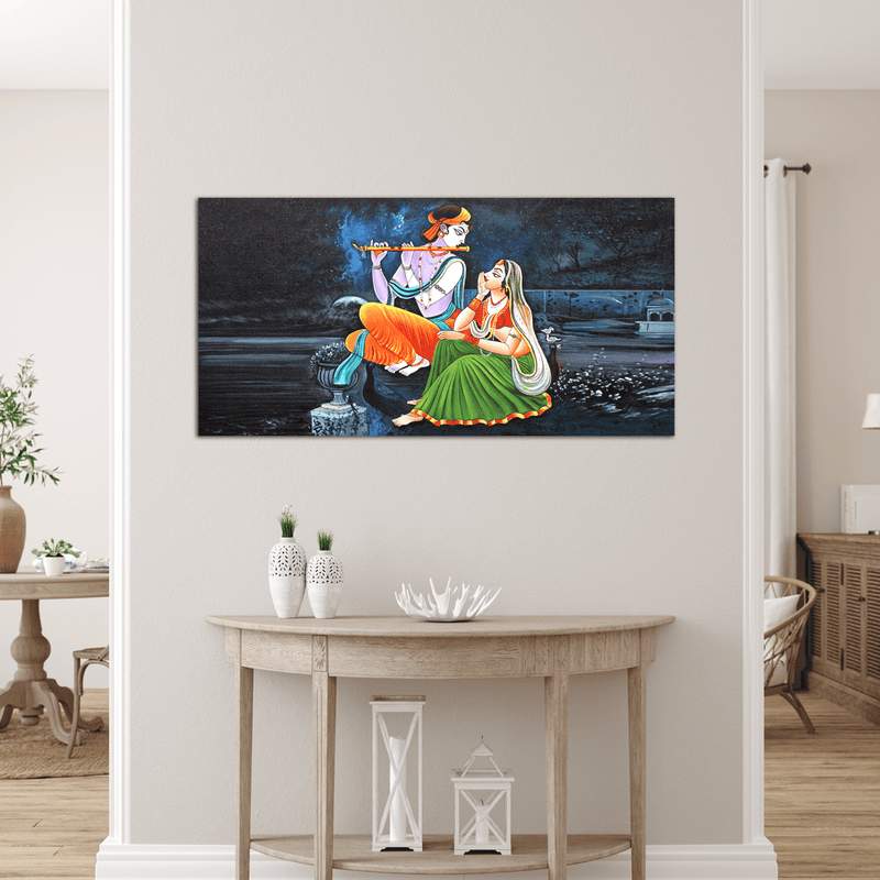 DecorGlance Rectangle painting Radha Krishna Playing Flute Canvas Wall Painting
