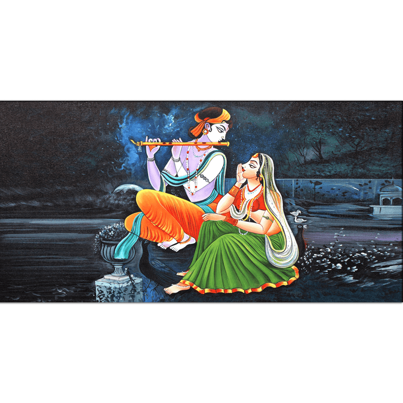 DecorGlance Rectangle painting Radha Krishna Playing Flute Canvas Wall Painting