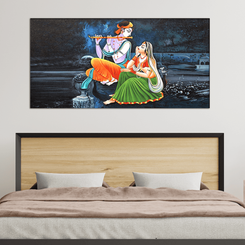 DecorGlance Rectangle painting Radha Krishna Playing Flute Canvas Wall Painting