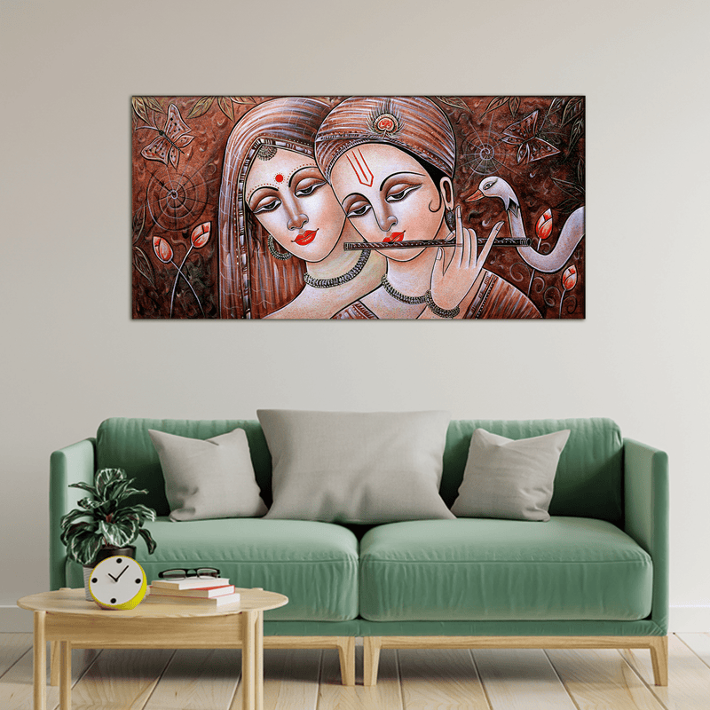 DecorGlance Rectangle painting Radha Krishna Playing Flute Canvas Wall Painting