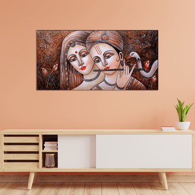 DecorGlance Rectangle painting Radha Krishna Playing Flute Canvas Wall Painting