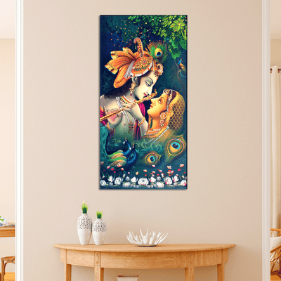 DecorGlance Rectangle painting Radha Krishna Playing Flute Together Canvas Wall Painting