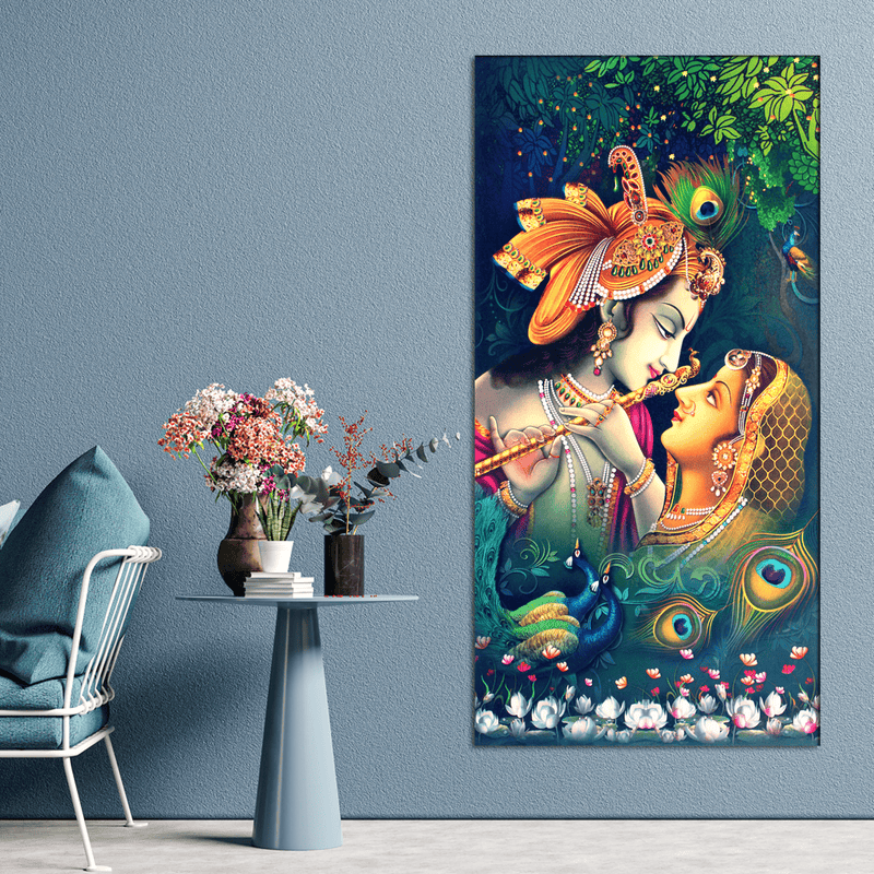 DecorGlance Rectangle painting Radha Krishna Playing Flute Together Canvas Wall Painting