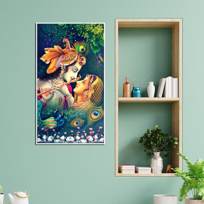 DecorGlance Rectangle painting Radha Krishna Playing Flute Together Floating Frame Canvas Wall Painting