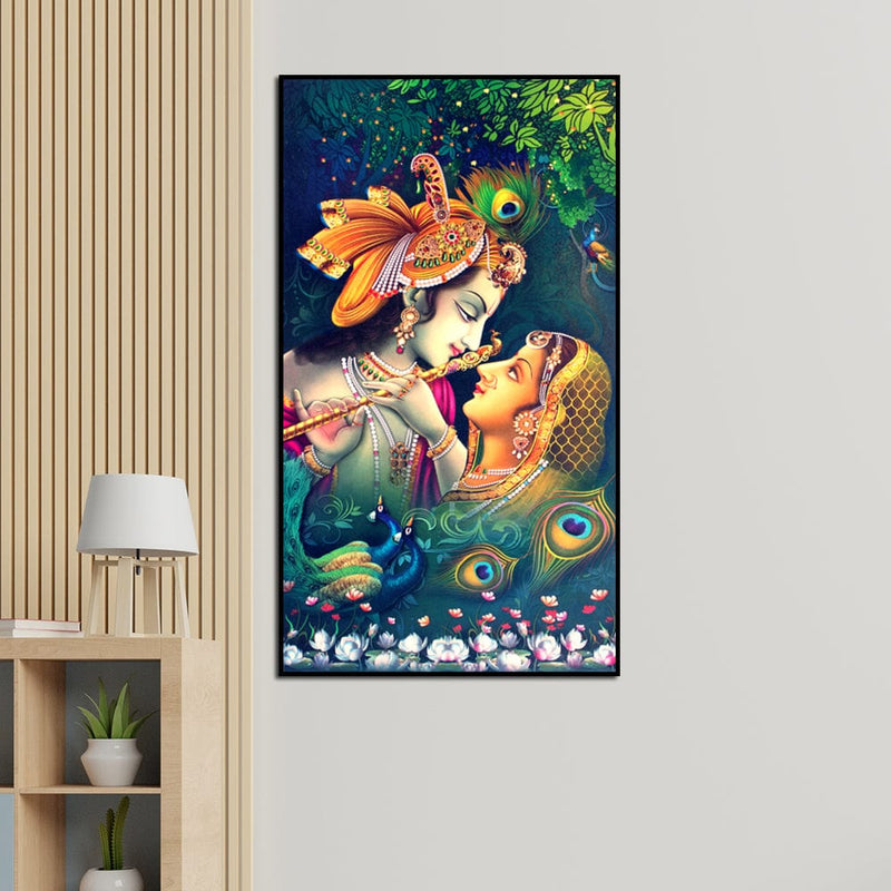 DecorGlance Rectangle painting Radha Krishna Playing Flute Together Floating Frame Canvas Wall Painting