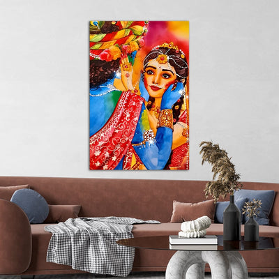 DecorGlance Rectangle painting Radha Krishna playing Holi Canvas Wall Painting