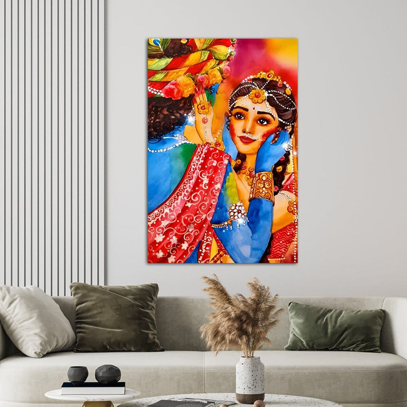 DecorGlance Rectangle painting Radha Krishna playing Holi Canvas Wall Painting
