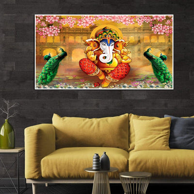 DecorGlance Rectangle painting Rajasthani Design lord Ganesha Canvas Floating Frame Wall Painting