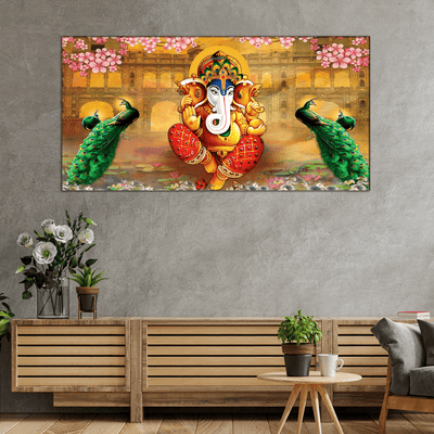 DecorGlance Rectangle painting Rajasthani Design lord Ganesha Canvas Wall Painting