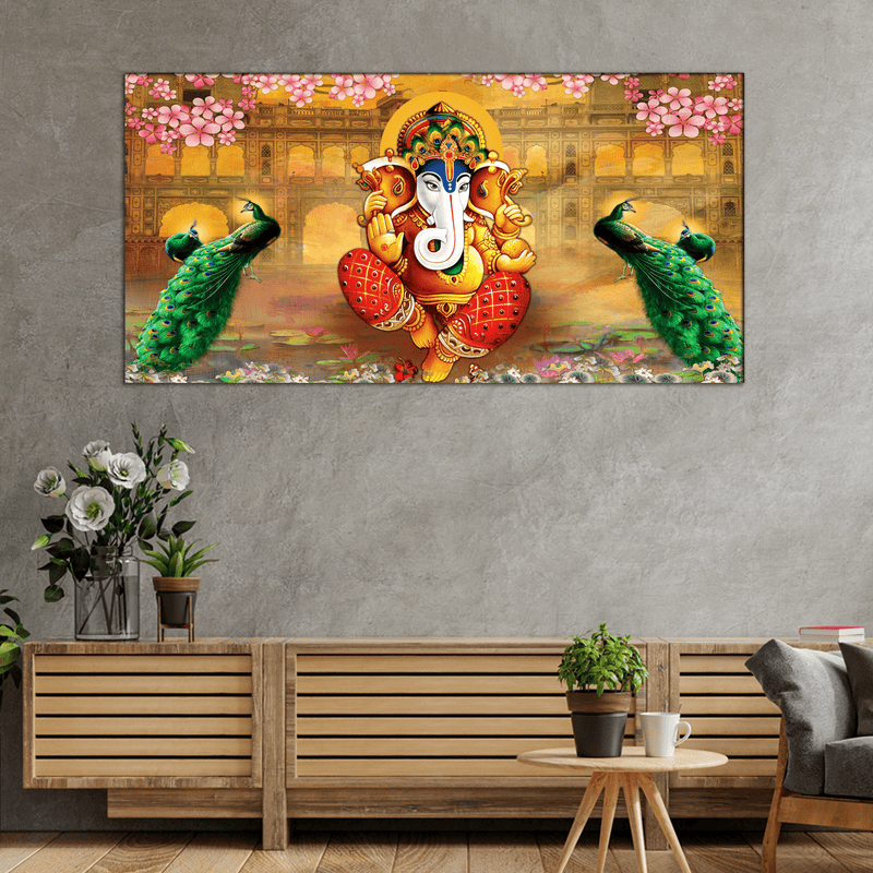 DecorGlance Rectangle painting Rajasthani Design lord Ganesha Canvas Wall Painting