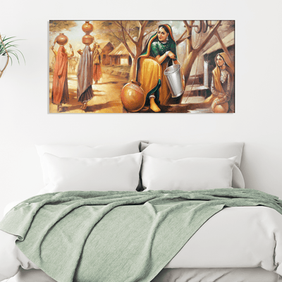 DecorGlance Rectangle painting Rajasthani Village View Canvas Wall Painting