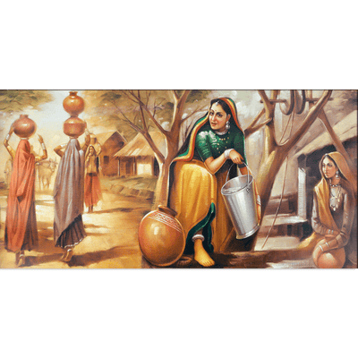 DecorGlance Rectangle painting Rajasthani Village View Canvas Wall Painting