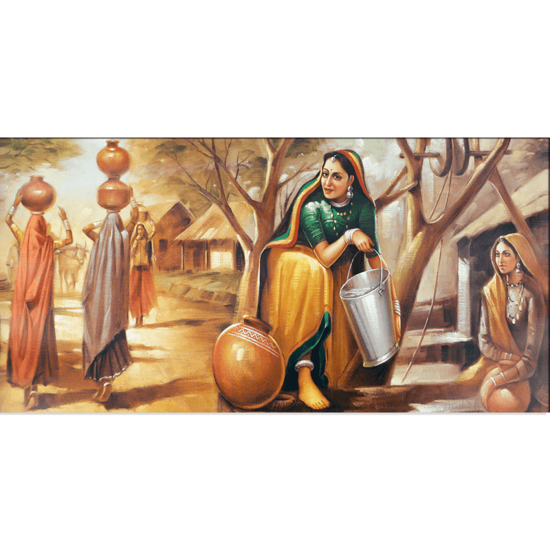 DecorGlance Rectangle painting Rajasthani Village View Canvas Wall Painting