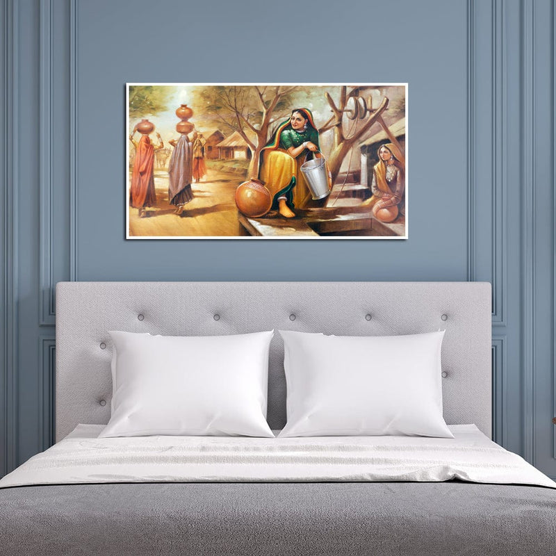 DecorGlance Rectangle painting Rajasthani Village View Canvas Wall Painting