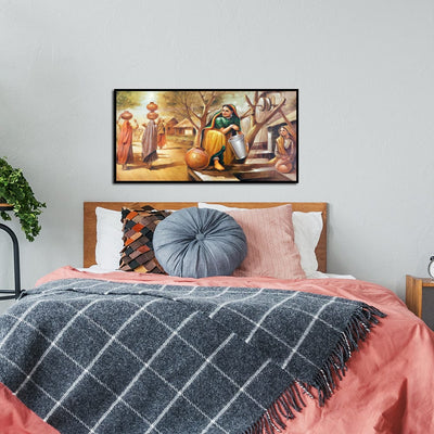 DecorGlance Rectangle painting Rajasthani Village View Canvas Wall Painting