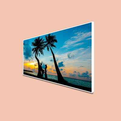 DecorGlance Rectangle painting CANVAS PRINT WHITE FLOATING FRAME / (48x24) Inch / (121x60) Cm Romantic Couple In Beach Canvas Floating Frame Wall Painting