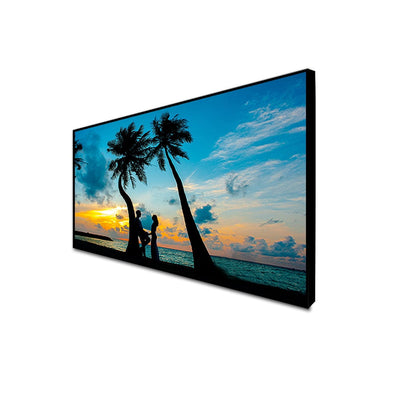 DecorGlance Rectangle painting CANVAS PRINT BLACK FLOATING FRAME / (48x24) Inch / (121x60) Cm Romantic Couple In Beach Canvas Floating Frame Wall Painting