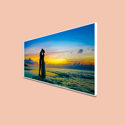 DecorGlance Rectangle painting CANVAS PRINT WHITE FLOATING FRAME / (48x24) Inch / (121x60) Cm Romantic Couple In Beach Floating Frame Canvas Wall Painting