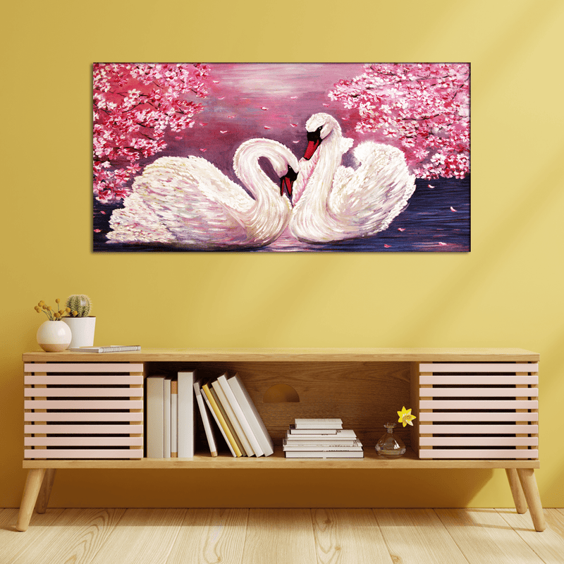 DecorGlance Rectangle painting Romantic Couple of Swans Canvas Wall Painting