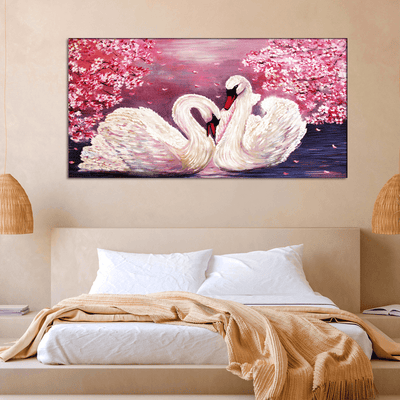 DecorGlance Rectangle painting Romantic Couple of Swans Canvas Wall Painting