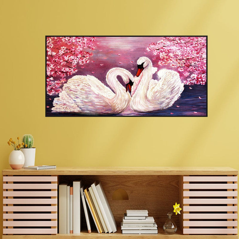 DecorGlance Rectangle painting Romantic Couple of Swans Floating Frame Canvas Wall Painiting