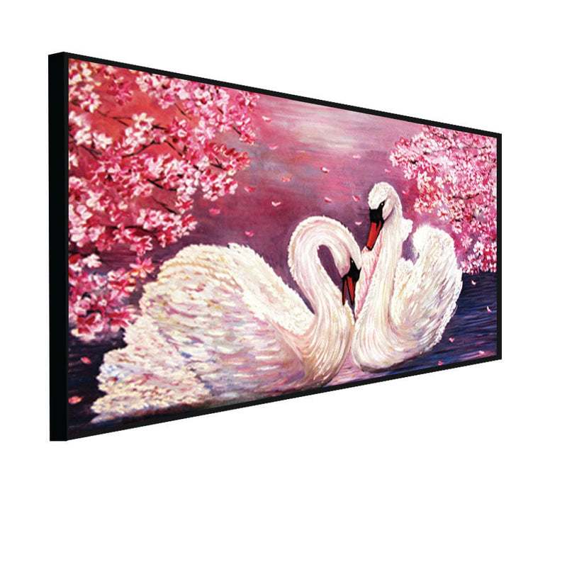 DecorGlance Rectangle painting CANVAS PRINT BLACK FLOATING FRAME / (48x24) Inch / (60x121) Cm Romantic Couple of Swans Floating Frame Canvas Wall Painiting