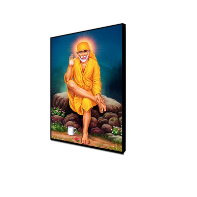 DecorGlance Rectangle painting CANVAS PRINT BLACK FLOATING FRAME / (24x48) Inch / (60x121) Cm Sai Baba Floating Canvas Wall Painting