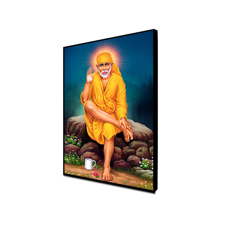 DecorGlance Rectangle painting CANVAS PRINT BLACK FLOATING FRAME / (24x48) Inch / (60x121) Cm Sai Baba Floating Canvas Wall Painting