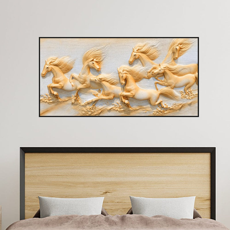 DECORGLANCE Seven Golden Horses Running Canvas Floating Frame Wall Painting