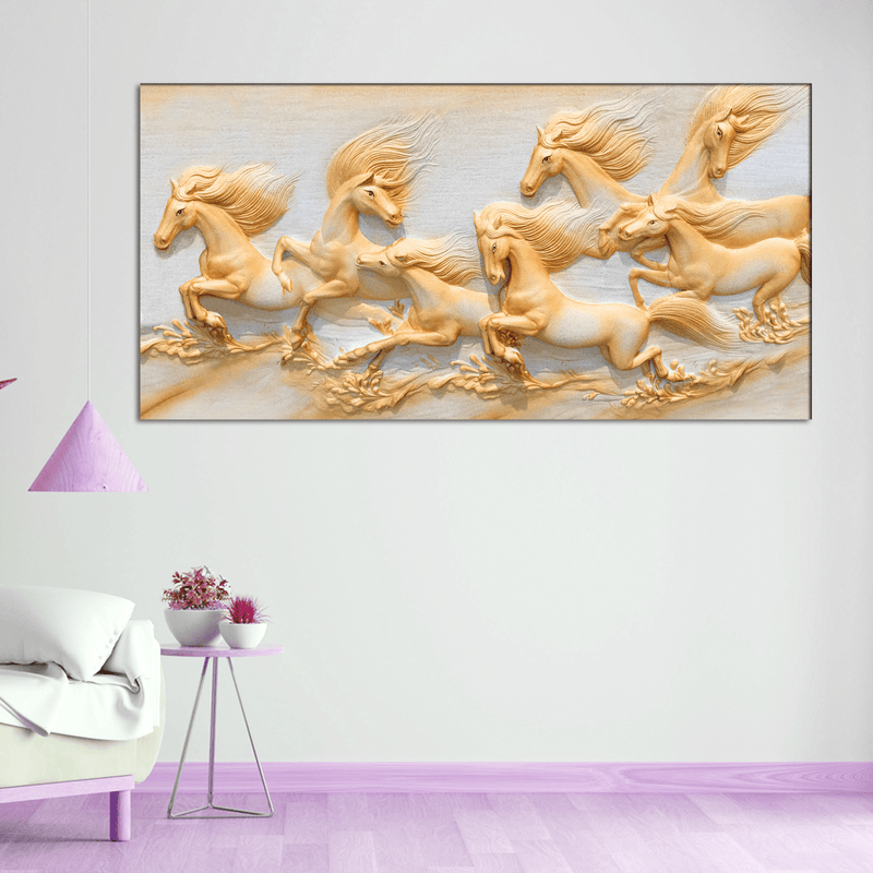 DecorGlance Rectangle painting Seven Golden Horses Running Canvas Wall Painting