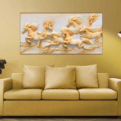 DecorGlance Rectangle painting Seven Golden Horses Running Canvas Wall Painting
